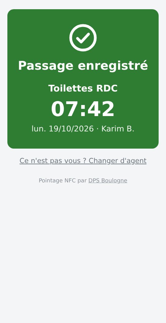 Écran du téléphone de l'agent après le pointage NFC : passage enregistré aux toilettes du rez-de-chaussée à 7 h 42
